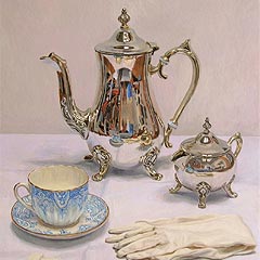 Still life with silver tea service and glove