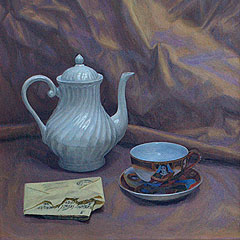 Still life with white teapot and letter