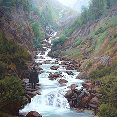 Alpine stream with traveller