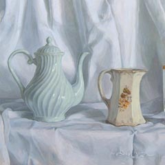 Still life with white ceramic and gilded glass