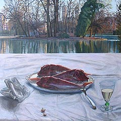 Still life with seafish and lake
